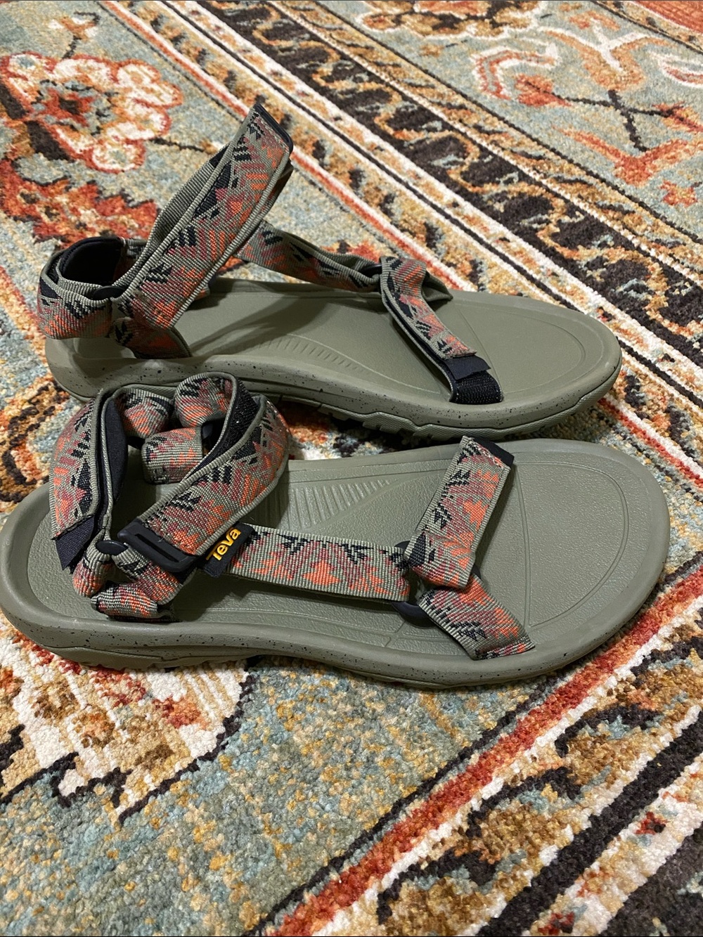 Teva Men’s Olive Green Sandals with Orange and Black Patterned Straps